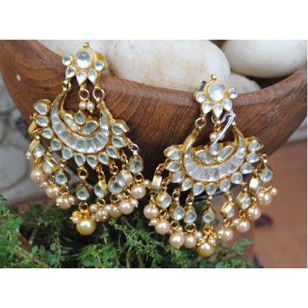 Polki Diamond Pearl Chand Bali Earrings